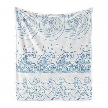 Nautical Soft Flannel Fleece Throw Blanket, Abstract Japanese Wave Outline Monochrome Design Seaside Kanagawa Inspired, Cozy Plush for Indoor and Outdoor Use, 50" x 60", Blue and White, by Ambesonne
