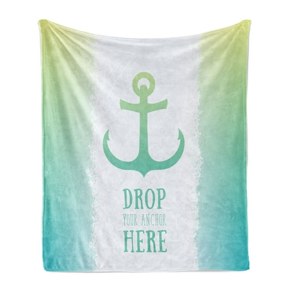 Nautical Soft Flannel Fleece Throw Blanket, Anchor Illustration Striped 2 Colored Background Stability Print, Cozy Plush for Indoor and Outdoor Use, 50" x 70", Green White, by Ambesonne