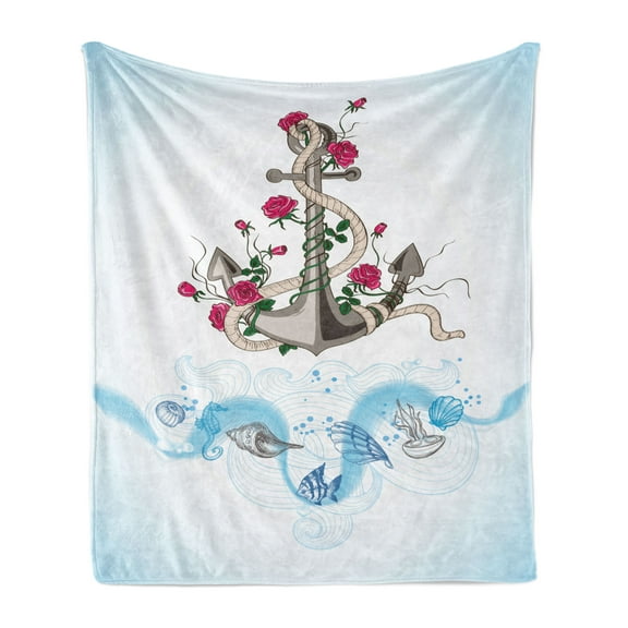 Nautical Soft Flannel Fleece Throw Blanket, Anchor with Roses Old Fashioned Tattoo Style Marine Shells on Swirling Waves, Cozy Plush for Indoor and Outdoor Use, 50" x 70", Pink and Blue, by Ambesonne