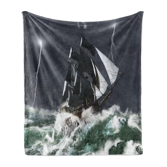 Nautical Soft Flannel Fleece Throw Blanket, Big Ship on Wavy Ocean in a Stormy Weather with Thunderbolts Pirate Sails, Cozy Plush for Indoor and Outdoor Use, 70" x 90", Green and Grey, by Ambesonne