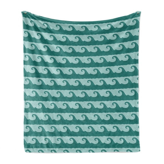 Nautical Soft Flannel Fleece Throw Blanket, Cartoon Design Swirling Ocean Waves Flow in Pastel Colors Print, Cozy Plush for Indoor and Outdoor Use, 60" x 80", Teal and Pale Seafoam, by Ambesonne