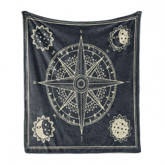 Nautical Soft Flannel Fleece Throw Blanket, Demonstration of a Compass Design with Windrose and Sun Moon Print, Cozy Plush for Indoor and Outdoor Use, 60" x 80", Dark Blue Grey Eggshell, by Ambesonne