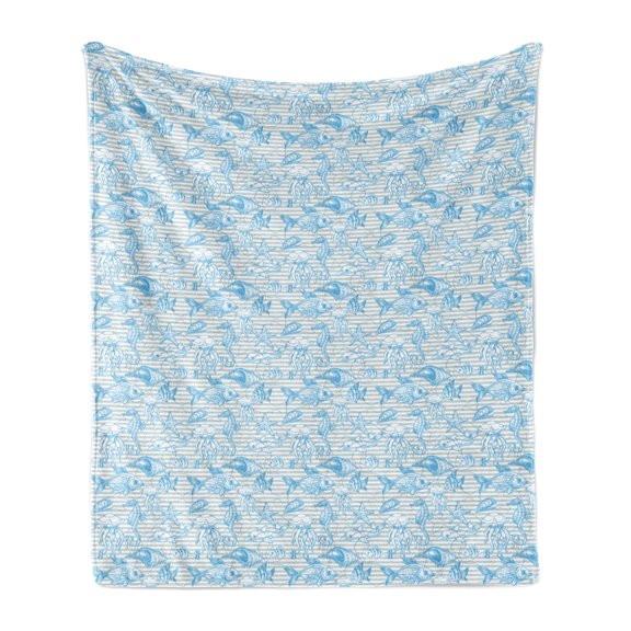 Nautical Soft Flannel Fleece Throw Blanket, Design Underwater Creatures Seahorse Fish Silhouettes, Cozy Plush for Indoor and Outdoor Use, 70" x 90", Sky Blue Multicolor, by Ambesonne