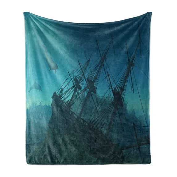 Nautical Soft Flannel Fleece Throw Blanket, Dolphins Ruined Wreckage Underwater Sunken Ship Mystery Treasure, Cozy Plush for Indoor and Outdoor Use, 50" x 60", Slate Blue Pale Blue, by Ambesonne