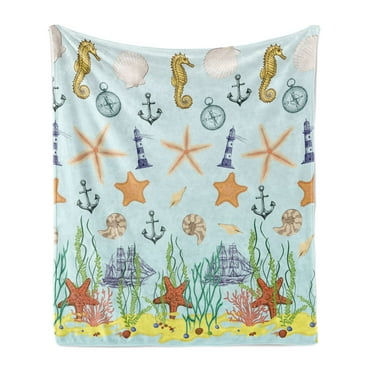 Nautical Soft Flannel Fleece Throw Blanket, Elements of the Ocean Composition with Seastars Seahorses and Hand Drawn Ships, Cozy Plush for Indoor and Outdoor Use, 50" x 70", Multicolor, by Ambesonne