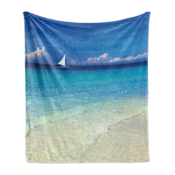 Nautical Soft Flannel Fleece Throw Blanket, Exotic Tropic Beach in Philippines Island Horizon Summer Paradise Concept, Cozy Plush for Indoor and Outdoor Use, 70" x 90", Turquoise Cream, by Ambesonne