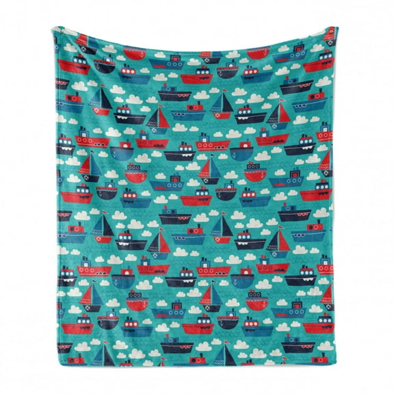 Nautical Soft Flannel Fleece Throw Blanket, Funny Steamboats and Sailboats Clouds Waves Creative Sea Childish, Cozy Plush for Indoor and Outdoor Use, 50" x 60", Turquoise Vermilion Blue, by Ambesonne