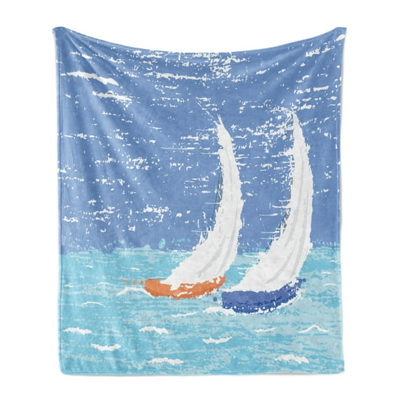Nautical Soft Flannel Fleece Throw Blanket, Grunge Style Illustration of 2 Racing Sailboats in a Windy Ocean Water Print, Cozy Plush for Indoor and Outdoor Use, 50" x 70", Pale Blue, by Ambesonne
