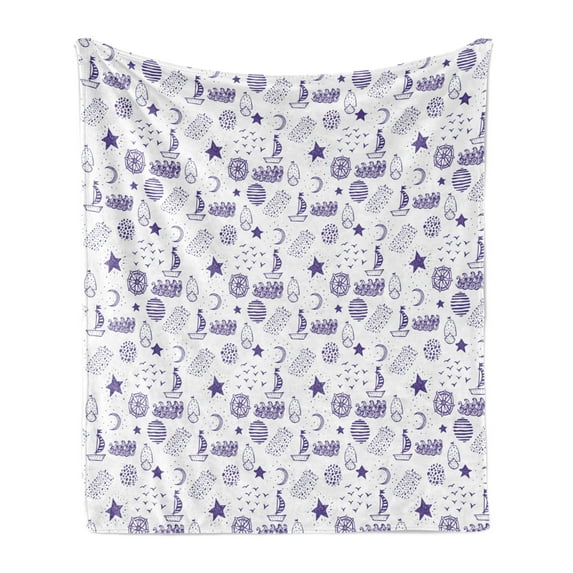 Nautical Soft Flannel Fleece Throw Blanket, Hand Drawn Boat Stars Flying Gulls Crescent Moon Shell Waves Kids Girls Pattern, Cozy Plush for Indoor and Outdoor Use, 50" x 60", Purple, by Ambesonne