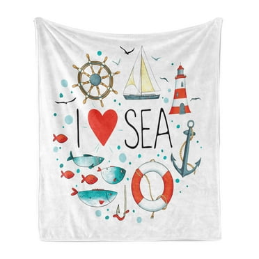 Nautical Soft Flannel Fleece Throw Blanket, I Love Sea Words Heart Materials Anchor Compass Knotted Rope, Cozy Plush for Indoor and Outdoor Use, 70" x 90", White Red Blue, by Ambesonne