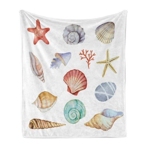 Nautical Soft Flannel Fleece Throw Blanket, Illustration of Different Seashells Scallop Mollusk Summer Exotic Creatures Animals, Cozy Plush for Indoor and Outdoor Use, 60" x 80", Multi, by Ambesonne