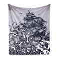 thumbnail image 1 of Nautical Soft Flannel Fleece Throw Blanket, Kraken Octopus Tentacles Ship Sail Old Boat in Ocean Waves, Cozy Plush for Indoor and Outdoor Use, 50" x 60", Indigo Purpleblue, by Ambesonne, 1 of 6