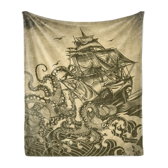 Nautical Soft Flannel Fleece Throw Blanket, Kraken Octopus Tentacles with Ship Sail Old Boat in Ocean Waves, Cozy Plush for Indoor and Outdoor Use, 50" x 70", Yellow Olive, by Ambesonne