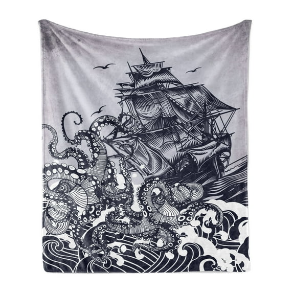 Nautical Soft Flannel Fleece Throw Blanket, Kraken Octopus Tentacles Ship Sail Old Boat in Ocean Waves, Cozy Plush for Indoor and Outdoor Use, 70" x 90", Indigo Purpleblue, by Ambesonne