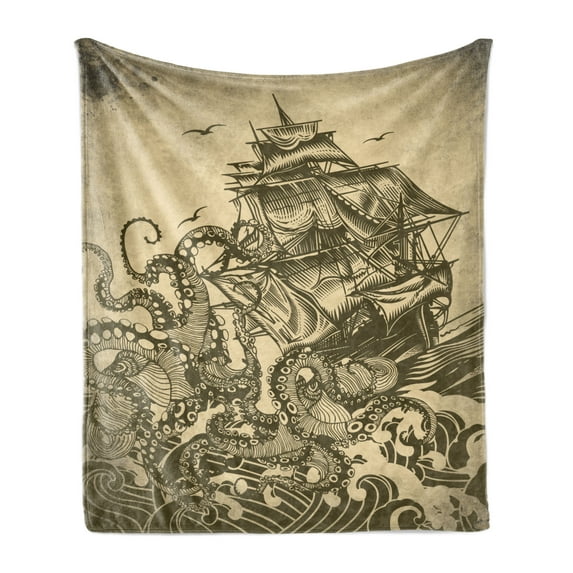 Nautical Soft Flannel Fleece Throw Blanket, Kraken Octopus Tentacles with Ship Sail Old Boat in Ocean Waves, Cozy Plush for Indoor and Outdoor Use, 70" x 90", Yellow Olive, by Ambesonne
