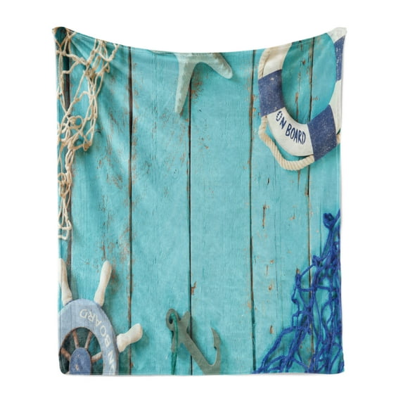 Nautical Soft Flannel Fleece Throw Blanket, Nautical Lifestyle Theme Vintage Steering Wheel Stars Net Life, Cozy Plush for Indoor and Outdoor Use, 60" x 80", Turquoise Navy Blue, by Ambesonne