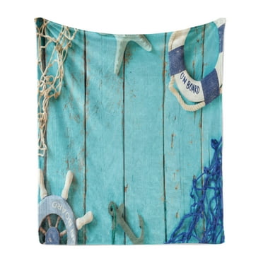 Nautical Soft Flannel Fleece Throw Blanket, Nautical Lifestyle Theme Vintage Steering Wheel Stars Net Life, Cozy Plush for Indoor and Outdoor Use, 70" x 90", Turquoise Navy Blue, by Ambesonne