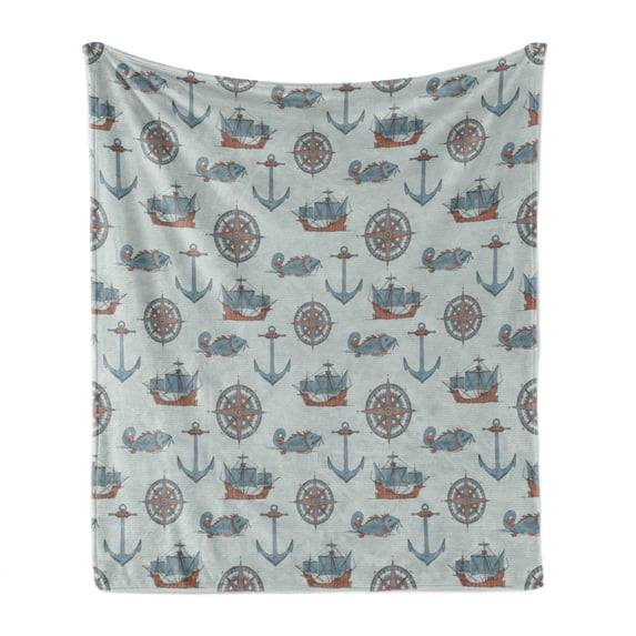 Nautical Soft Flannel Fleece Throw Blanket, Marine Image with Anchor Windrose Fish and Ships, Cozy Plush for Indoor and Outdoor Use, 60" x 80", Blue Multicolor, by Ambesonne