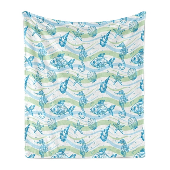 Nautical Soft Flannel Fleece Throw Blanket, Marine Ocean Shell Starfish Oyster Mollusk Sea Horse Underwater Aquatic Pattern, Cozy Plush for Indoor and Outdoor Use, 50" x 70", Mint Blue, by Ambesonne