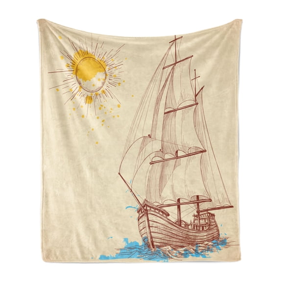 Nautical Soft Flannel Fleece Throw Blanket, Marine Pattern of Sailing Boat in Windy Sea Splashed Sun Cruising Galleon, Cozy Plush for Indoor and Outdoor Use, 60" x 80", Cream Brown, by Ambesonne