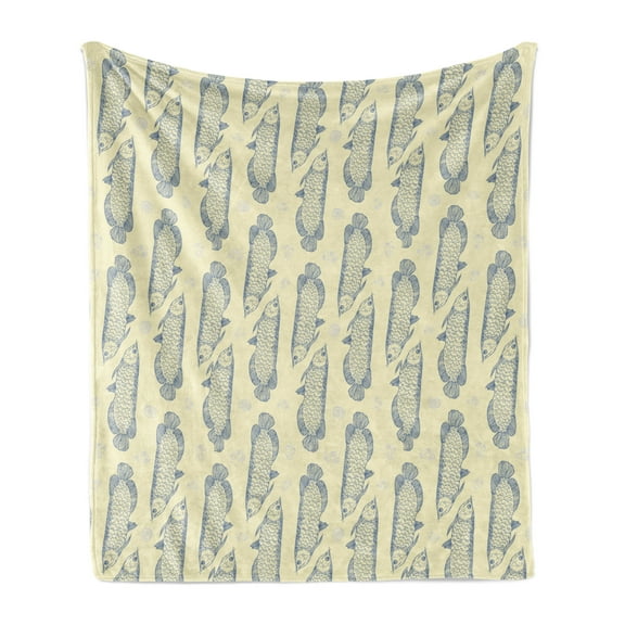 Nautical Soft Flannel Fleece Throw Blanket, Marine Theme Arowana Fish Pattern Along Seaweeds and Seashells, Cozy Plush for Indoor and Outdoor Use, 60" x 80", Pale Yellow and Blue Grey, by Ambesonne