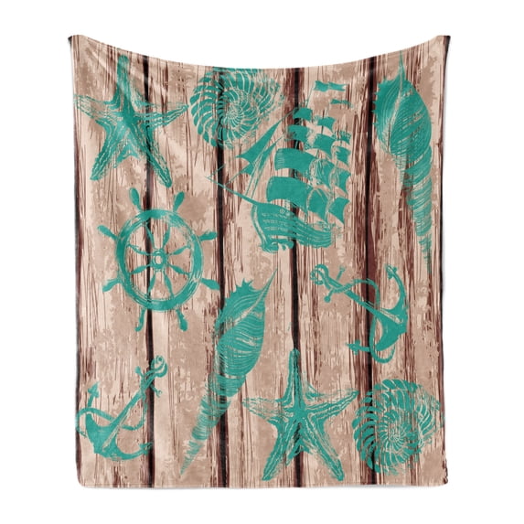 Nautical Soft Flannel Fleece Throw Blanket, Marine Themed Composition with Ship Wheel Anchor Shells and Starfish, Cozy Plush for Indoor and Outdoor Use, 60" x 80", Turquoise and Brown, by Ambesonne