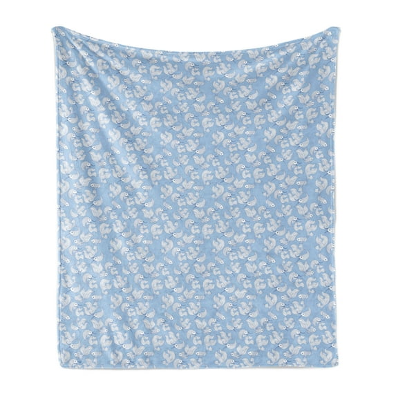 Nautical Soft Flannel Fleece Throw Blanket, Marine Themed White Chinese Fish Silhouettes Underwater Life View, Cozy Plush for Indoor and Outdoor Use, 70" x 90", Pale Ceil Blue and White, by Ambesonne