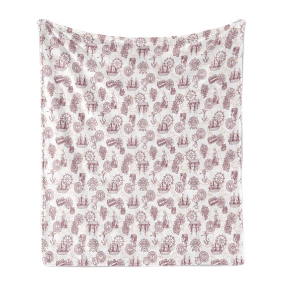 Nautical Soft Flannel Fleece Throw Blanket, Maritime Pattern of Outline Ship Compass and Wheel Swirling Rope, Cozy Plush for Indoor and Outdoor Use, 70" x 90", Raspberry Pale Peach, by Ambesonne