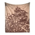 thumbnail image 1 of Nautical Soft Flannel Fleece Throw Blanket, Octopus Tentacles with Ship Sail Old Boat in Ocean Waves Kraken, Cozy Plush for Indoor and Outdoor Use, 50" x 70", Pastel Brown and Redbrown, by Ambesonne, 1 of 6