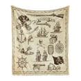 thumbnail image 1 of Nautical Soft Flannel Fleece Throw Blanket, Pirate Map Along Skull Flag Anchor Compass Sailing Old Ship Mythological, Cozy Plush for Indoor and Outdoor Use, 70" x 90", Beige and Brown, by Ambesonne, 1 of 5