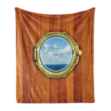 Nautical Soft Flannel Fleece Throw Blanket, Porthole Wooden Background Window Ship Old Sailing Vessel Print, Cozy Plush for Indoor and Outdoor Use, 60" x 80", Dark Orange Pale Blue, by Ambesonne