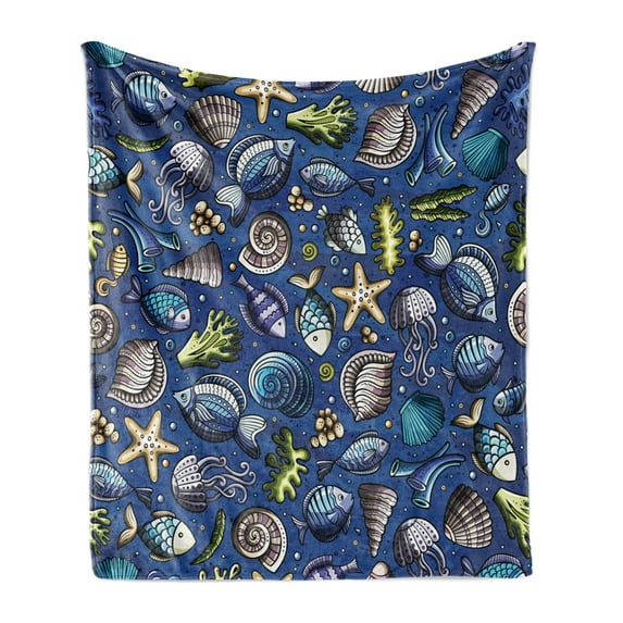 Nautical Soft Flannel Fleece Throw Blanket, Repetitive Ocean Themed Fish Pattern with Shells and Seaweeds Print, Cozy Plush for Indoor and Outdoor Use, 70" x 90", Dark Violet Multicolor, by Ambesonne