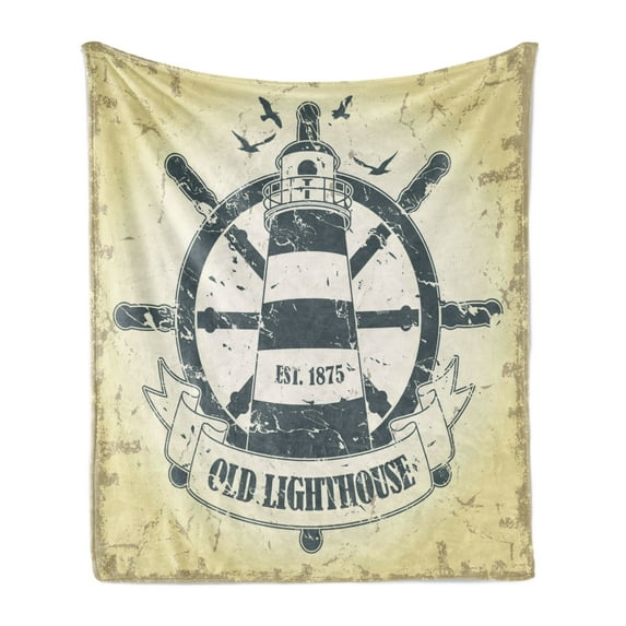 Nautical Soft Flannel Fleece Throw Blanket, Retro Coastal Lighthouse Ship Helm Wheel Antiqued Seabirds Seagulls, Cozy Plush for Indoor and Outdoor Use, 60" x 80", Grey Yelloe Slate Blue, by Ambesonne