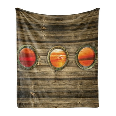 Nautical Soft Flannel Fleece Throw Blanket, Rustic Wooden Ship Backdrop Design Oval Windows Orange Ocean Scenes in Sundown, Cozy Plush for Indoor and Outdoor Use, 50" x 60", Multicolor, by Ambesonne