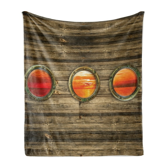 Nautical Soft Flannel Fleece Throw Blanket, Rustic Wooden Ship Backdrop Design Oval Windows Orange Ocean Scenes in Sundown, Cozy Plush for Indoor and Outdoor Use, 60" x 80", Multicolor, by Ambesonne