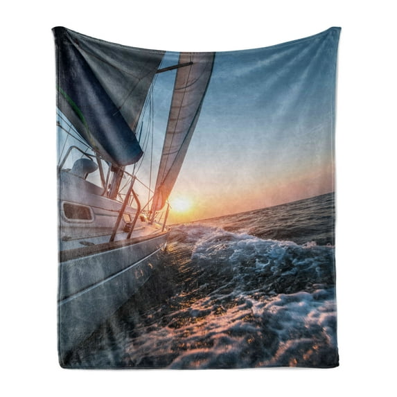Nautical Soft Flannel Fleece Throw Blanket, Sail Boat in the Sea Waves Toward Sunset Marine Adventure Hobby Scenery, Cozy Plush for Indoor and Outdoor Use, 50" x 60", Pale Blue Yellow, by Ambesonne