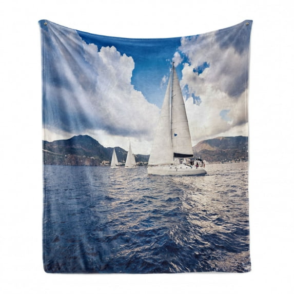 Nautical Soft Flannel Fleece Throw Blanket, Sailing Boat and Sails on Sea Waves Cloudy Sky Adventure Photo Print, Cozy Plush for Indoor and Outdoor Use, 60" x 80", Blue and White, by Ambesonne