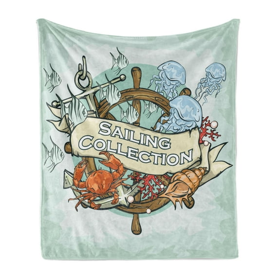 Nautical Soft Flannel Fleece Throw Blanket, Sailing Theme Retro Old Times Fisherman Ribbon Fishing Sea Food Crab, Cozy Plush for Indoor and Outdoor Use, 60" x 80", Mint Green Multicolor, by Ambesonne