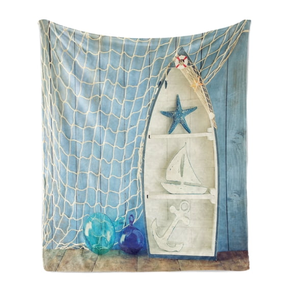 Nautical Soft Flannel Fleece Throw Blanket, Sea Objects on Wooden Backdrop Vintage Boat Starfish Shell Fishing Net Photo, Cozy Plush for Indoor and Outdoor Use, 70" x 90", Blue White, by Ambesonne