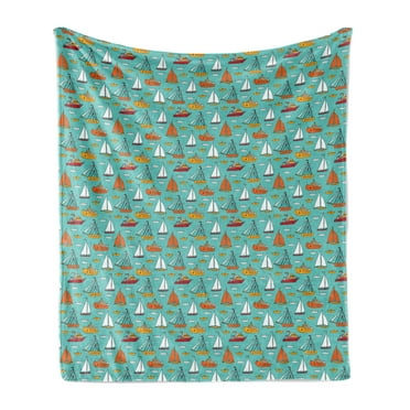 Nautical Soft Flannel Fleece Throw Blanket, Sea River and Ocean Transport on Turquoise Background Maritime Ships Sailboats, Cozy Plush for Indoor and Outdoor Use, 70" x 90", Multicolor, by Ambesonne
