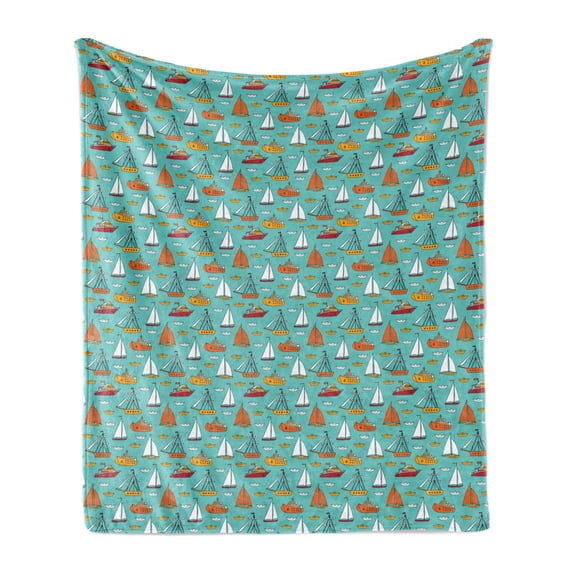 Nautical Soft Flannel Fleece Throw Blanket, Sea River and Ocean Transport on Turquoise Background Maritime Ships Sailboats, Cozy Plush for Indoor and Outdoor Use, 70" x 90", Multicolor, by Ambesonne
