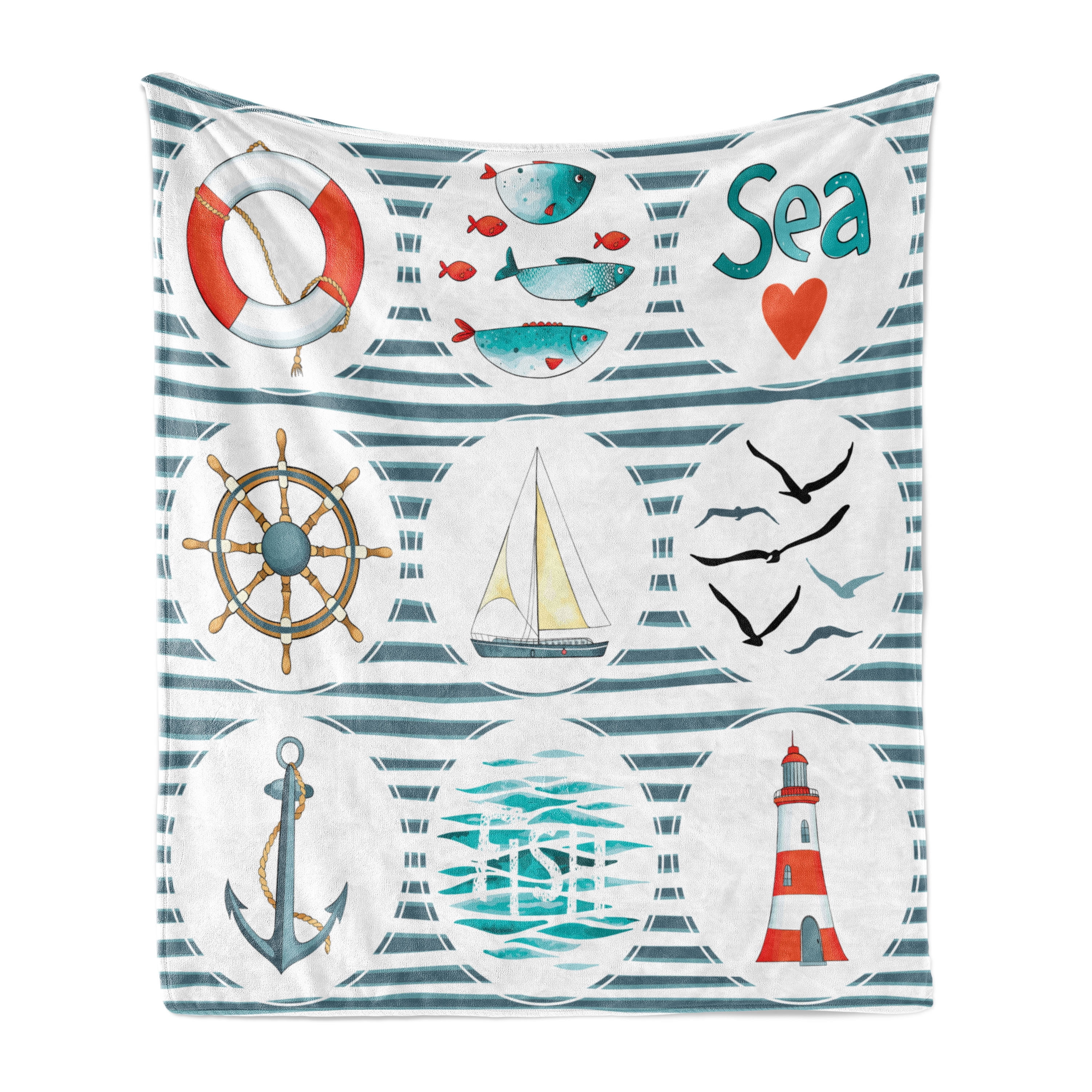Nautical Soft Flannel Fleece Throw Blanket, Sea Set Fishes Life Gulls