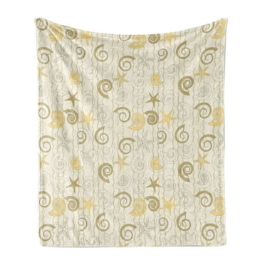 Nautical Soft Flannel Fleece Throw Blanket, Sea Shells and Starfishes on Background with Vertical Curly Stripes, Cozy Plush for Indoor and Outdoor Use, 50" x 70", Eggshell Khaki Mustard, by Ambesonne