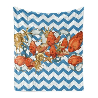 Nautical Soft Flannel Fleece Throw Blanket, Several Marine Ahoy Items on Chevrons Gold Fish Shells Starfish Anchor and, Cozy Plush for Indoor and Outdoor Use, 70" x 90", Multicolor, by Ambesonne