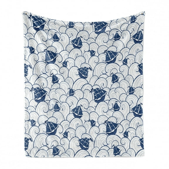 Nautical Soft Flannel Fleece Throw Blanket, Ship on Marine Spiral Waves Cruising Boat on Ocean Journey Sea Illustration, Cozy Plush for Indoor and Outdoor Use, 50" x 70", Blue and White, by Ambesonne