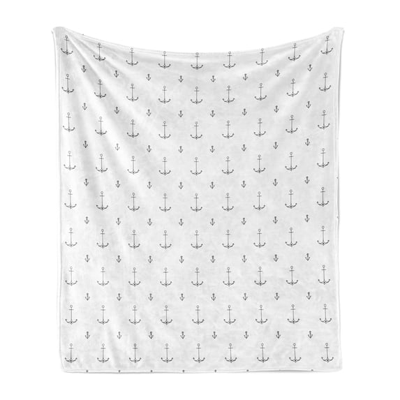 Nautical Soft Flannel Fleece Throw Blanket, Simplistic Design Continuous Pattern of Maritime of Small Motifs, Cozy Plush for Indoor and Outdoor Use, 60" x 80", Charcoal Grey and White, by Ambesonne