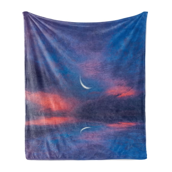 Nautical Soft Flannel Fleece Throw Blanket, Surreal Sky with Water Surface and Crescent Moon Fantasy Colors Scenery Image, Cozy Plush for Indoor and Outdoor Use, 50" x 70", Purple Pink, by Ambesonne