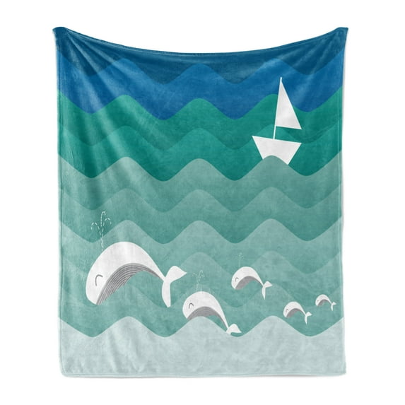Nautical Soft Flannel Fleece Throw Blanket, Theme Paper Boat Sea Happy Dolphins Underwater Animals Ocean, Cozy Plush for Indoor and Outdoor Use, 50" x 70", Blue Sea Green White, by Ambesonne