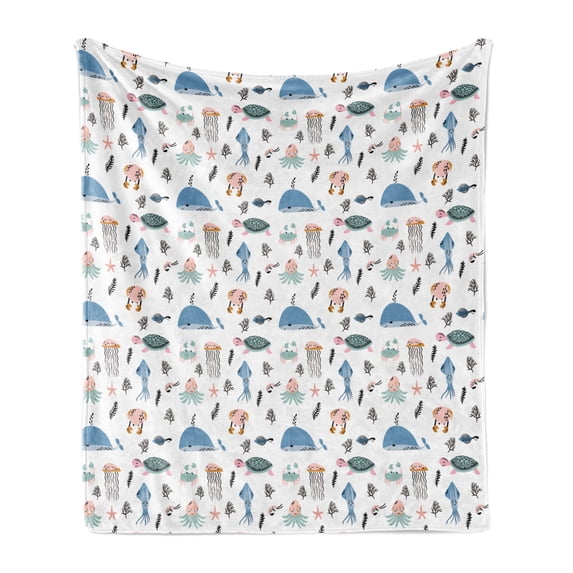 Nautical Soft Flannel Fleece Throw Blanket, Underwater Sea Life Animals Turtles Squid Whale and Jellyfish Nursery Cartoon, Cozy Plush for Indoor and Outdoor Use, 70" x 90", Multicolor, by Ambesonne