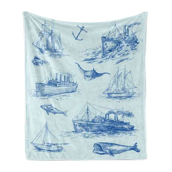 Nautical Soft Flannel Fleece Throw Blanket, Nautical Underwater Wildlife Shark Boat Ships Navy Stormy Weather, Cozy Plush for Indoor and Outdoor Use, 70" x 90", Blue Baby Blue, by Ambesonne